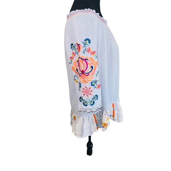 John Mark Boho Embroidered Peasant Top S Blue Off Shoulder Patchwork Ruffle Hem - Picture 4 of 8